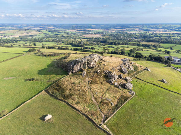 Aerial view of Almscliffe Crag surrounded by fields in North Yorkshire