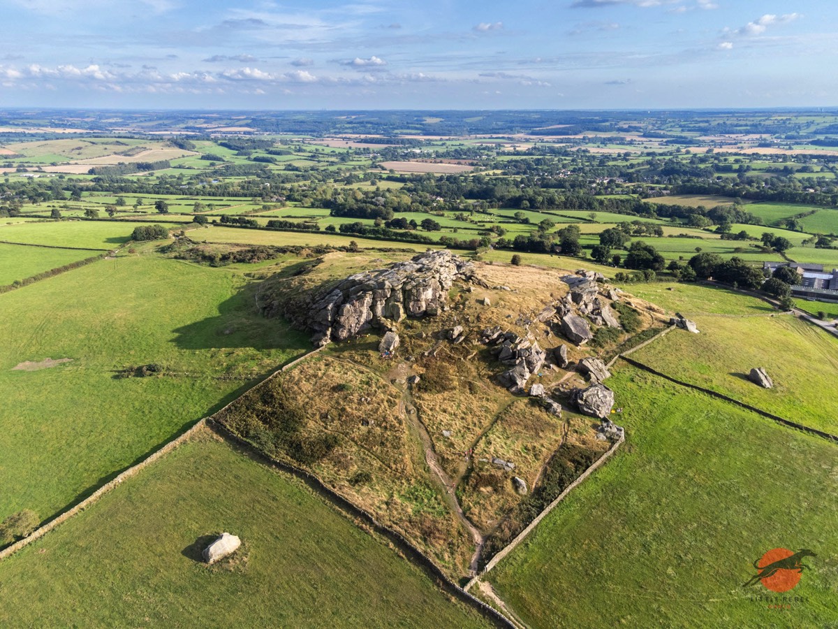 Aerial view of Almscliffe Crag surrounded by fields in North Yorkshire