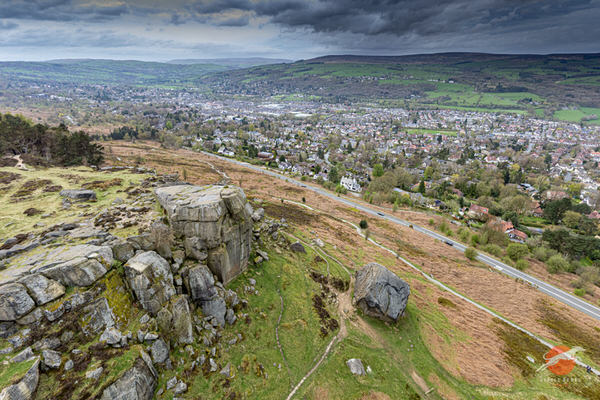 Aerial view of the Cow and Calf rocks overlooking Ilkley and Wharfedale