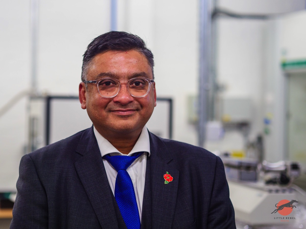 Professor Parik Goswami, Director of the Technical Textiles Research Centre, in a TTRC laboratory at the University of Huddersfield