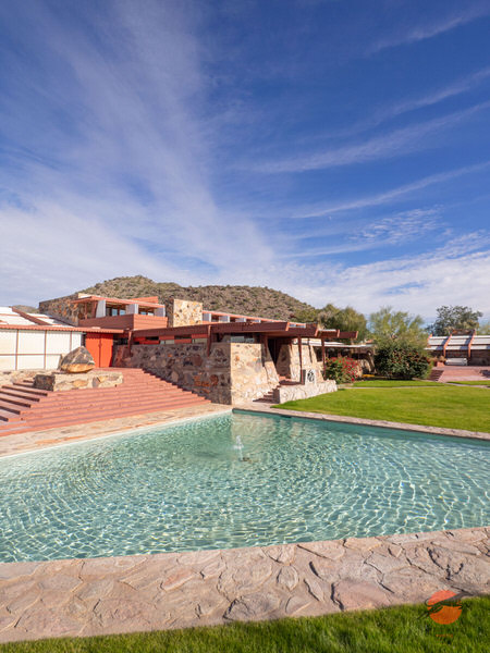 Swimming pool and desert architecture at Frank Lloyd Wright’s Taliesin West in Arizona