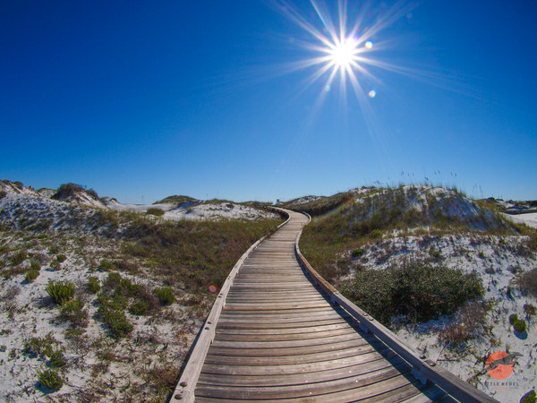 Wooden boardwalk winding through white sand dunes at WaterSound Beach in Florida