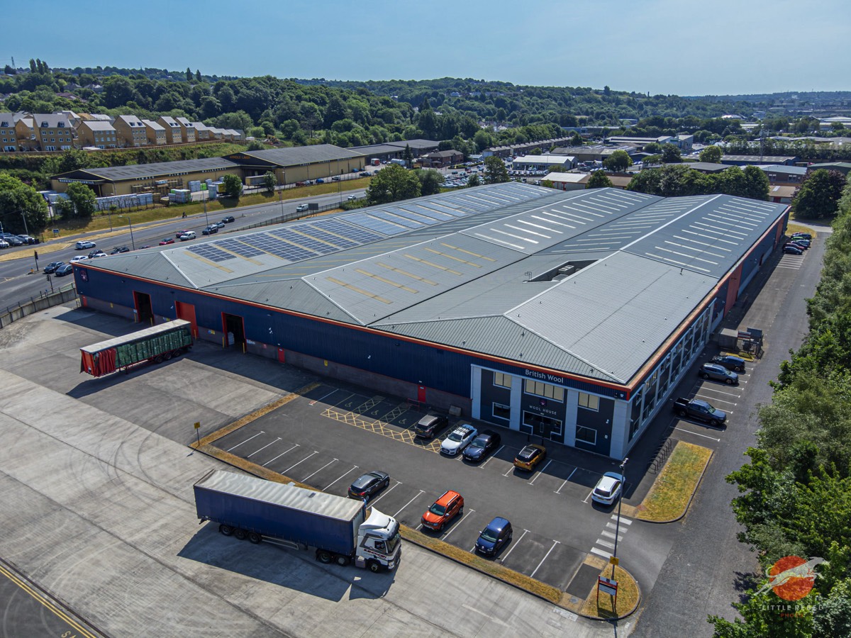 Aerial view of British Wool’s Wool House warehouse and offices in Bradford